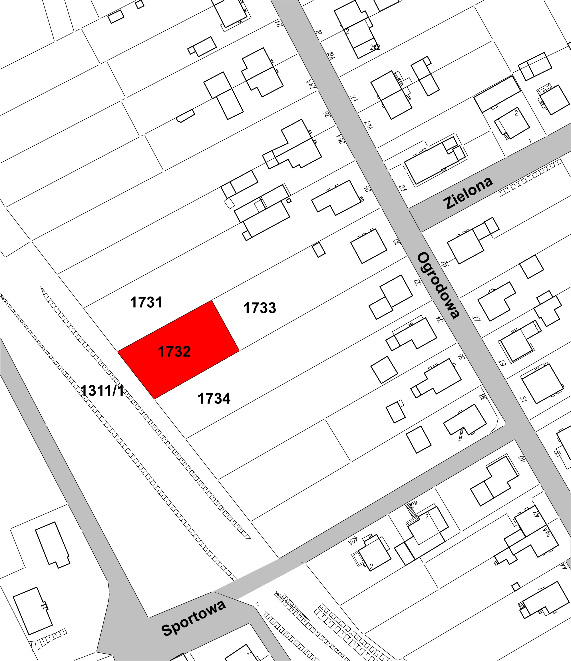 Wykaz nieruchomości gruntowej niezabudowanej, oznaczonej numerem 1732, położonej w Ełku przy ul. Ogrodowej, przeznaczonej do sprzedaży w drodze przetargu ustnego ograniczonego do właścicieli i użytkownika wieczystego nieruchomości przyległych